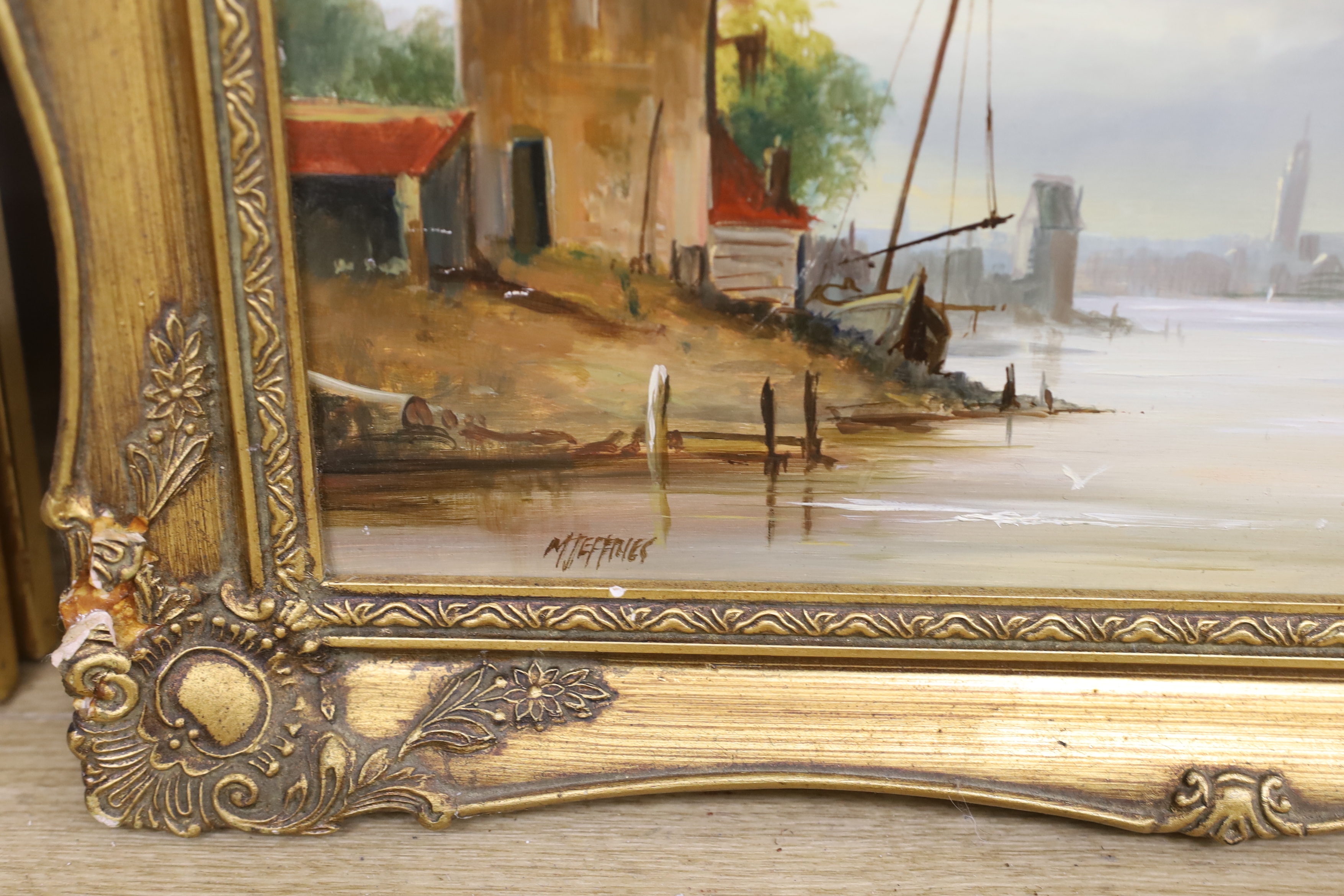 Mike Jeffries (20th. C) oil on board, Dutch canal scene with fishing boats, signed, 29 x 39cm, ornate gilt framed